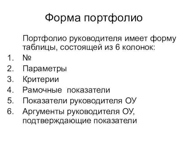 Форма портфолио Портфолио руководителя имеет форму таблицы, состоящей из 6 колонок: №