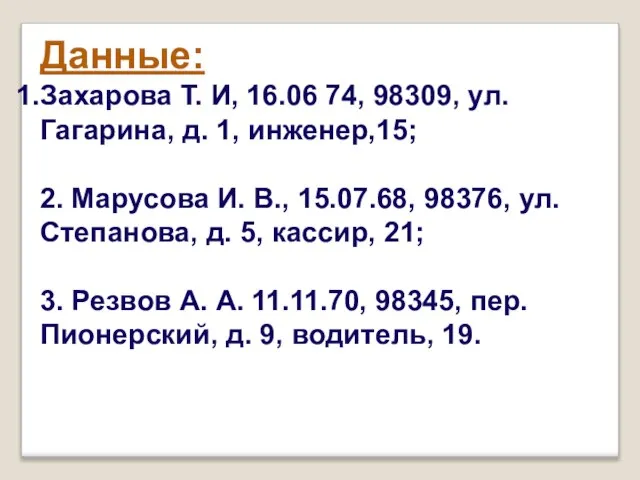 Данные: Захарова Т. И, 16.06 74, 98309, ул. Гагарина, д. 1, инженер,15;