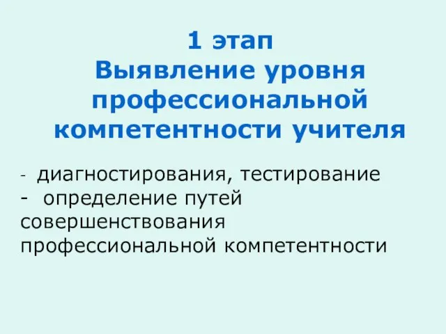 1 этап Выявление уровня профессиональной компетентности учителя - диагностирования, тестирование - определение путей совершенствования профессиональной компетентности