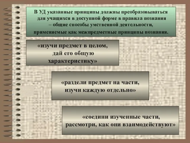 В УД указанные принципы должны преобразовываться для учащихся в доступной форме в