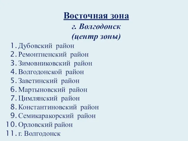 Восточная зона г. Волгодонск (центр зоны) Дубовский район Ремонтненский район Зимовниковский район