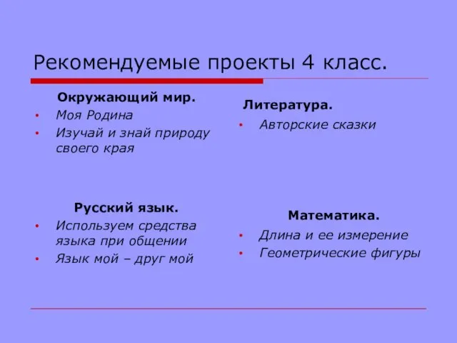 Рекомендуемые проекты 4 класс. Окружающий мир. Моя Родина Изучай и знай природу