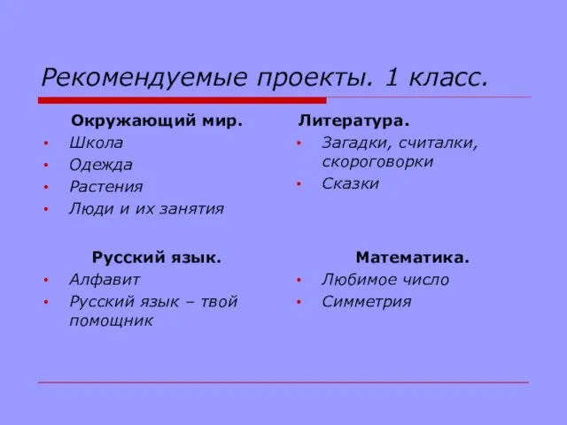 Рекомендуемые проекты. 1 класс. Окружающий мир. Школа Одежда Растения Люди и их