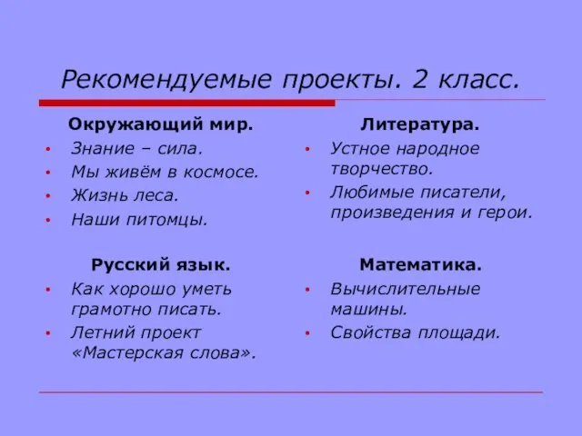 Рекомендуемые проекты. 2 класс. Окружающий мир. Знание – сила. Мы живём в