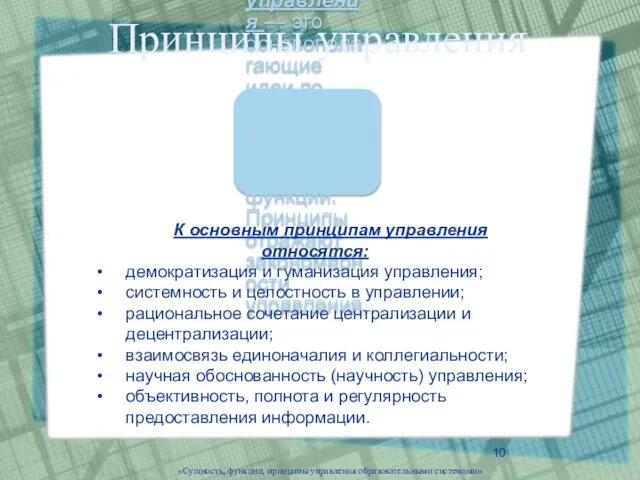 «Сущность, функции, принципы управления образовательными системами» К основным принципам управления относятся: демократизация