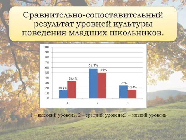 16,7% 33,4% 58,3% 50% 25% 16,7% 1 – высокий уровень; 2 –