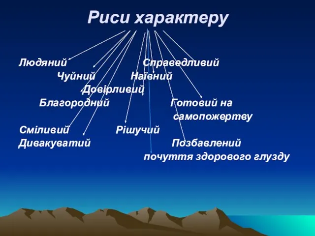 Риси характеру Людяний Справедливий Чуйний Наївний Довірливий Благородний Готовий на самопожертву Сміливий