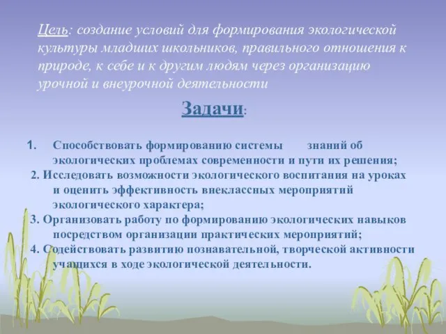 Цель: создание условий для формирования экологической культуры младших школьников, правильного отношения к