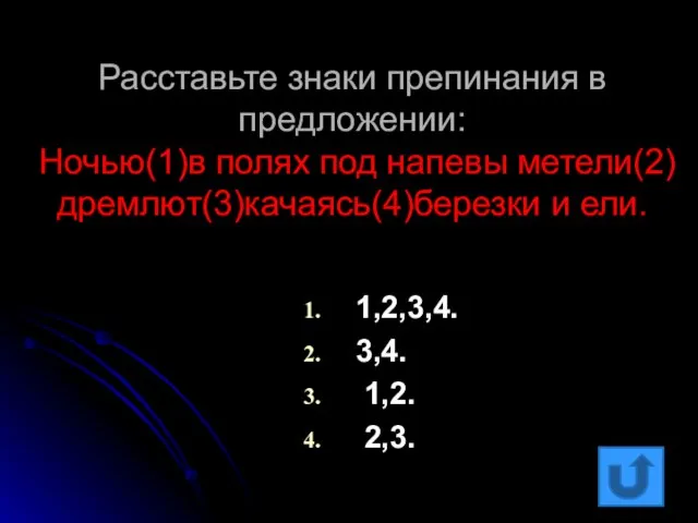 Расставьте знаки препинания в предложении: Ночью(1)в полях под напевы метели(2)дремлют(3)качаясь(4)березки и ели. 1,2,3,4. 3,4. 1,2. 2,3.