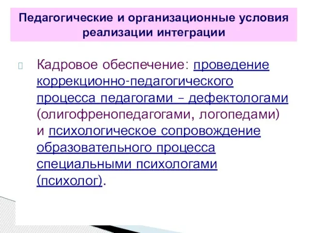 Кадровое обеспечение: проведение коррекционно-педагогического процесса педагогами – дефектологами (олигофренопедагогами, логопедами) и психологическое