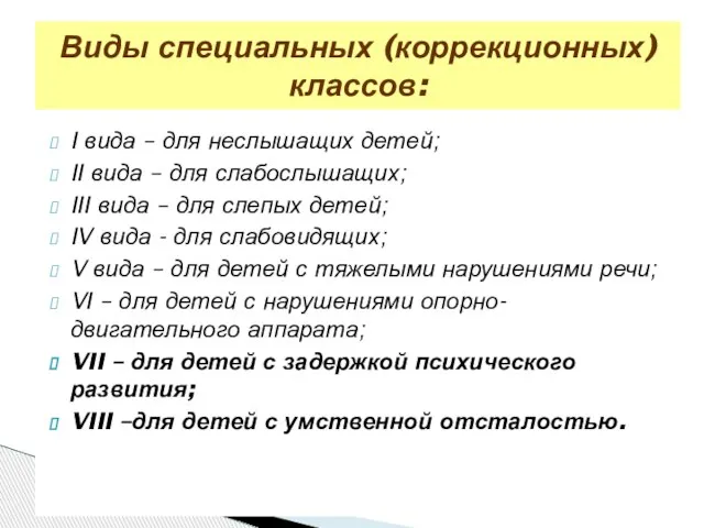 I вида – для неслышащих детей; II вида – для слабослышащих; III