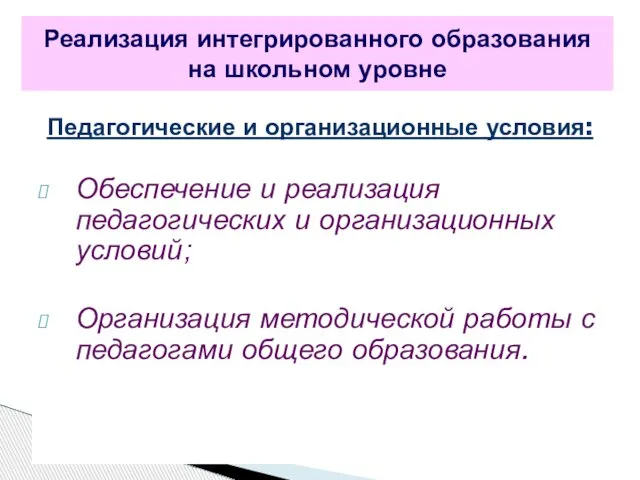 Педагогические и организационные условия: Обеспечение и реализация педагогических и организационных условий; Организация