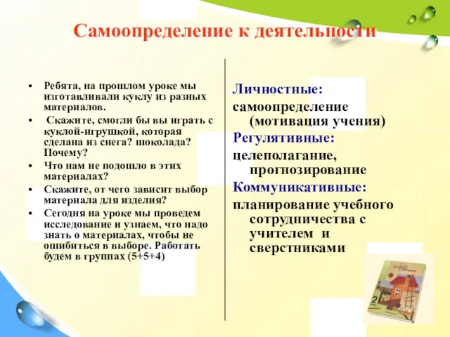 Самоопределение к деятельности Ребята, на прошлом уроке мы изготавливали куклу из разных