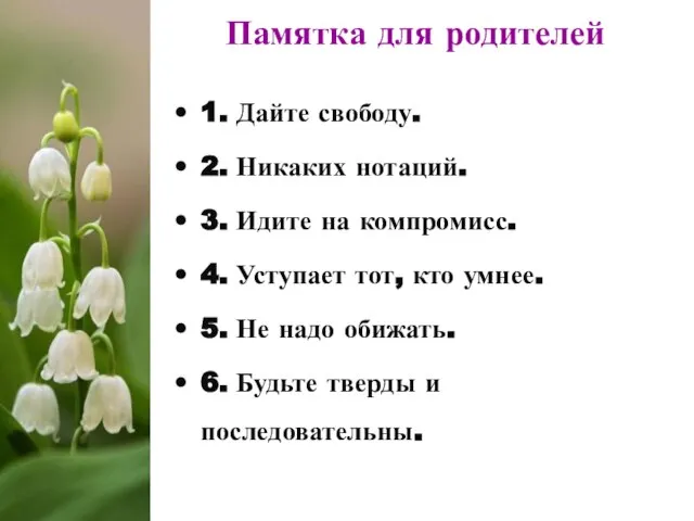 Памятка для родителей 1. Дайте свободу. 2. Никаких нотаций. 3. Идите на