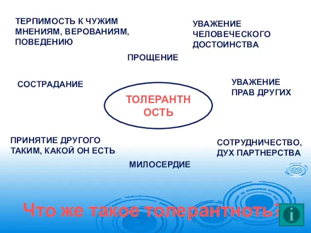 Что же такое толерантноть? ТОЛЕРАНТНОСТЬ УВАЖЕНИЕ ПРАВ ДРУГИХ ТЕРПИМОСТЬ К ЧУЖИМ МНЕНИЯМ,