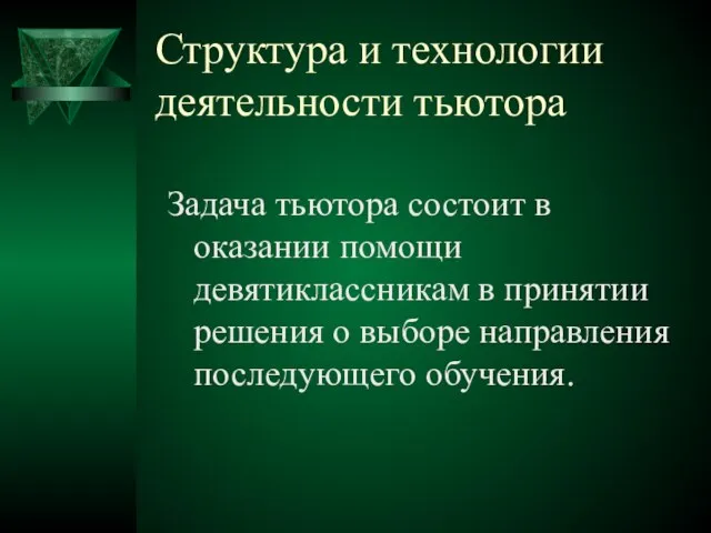 Структура и технологии деятельности тьютора Задача тьютора состоит в оказании помощи девятиклассникам