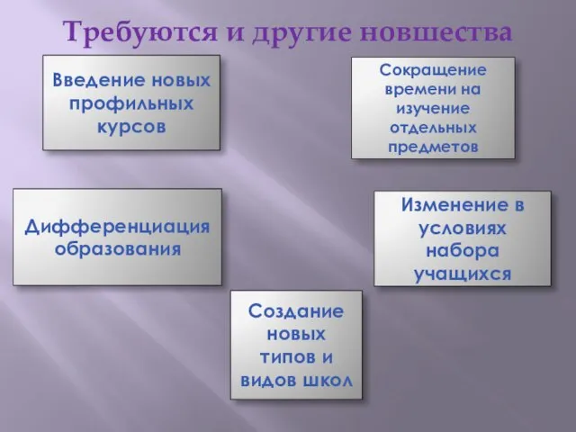 Требуются и другие новшества Введение новых профильных курсов Сокращение времени на изучение