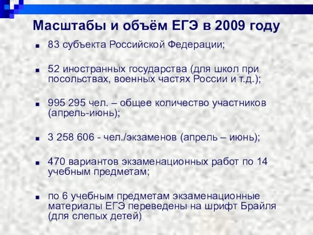 Масштабы и объём ЕГЭ в 2009 году 83 субъекта Российской Федерации; 52