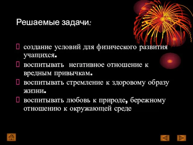 Решаемые задачи: создание условий для физического развития учащихся. воспитывать негативное отношение к