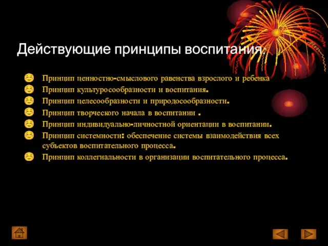 Действующие принципы воспитания: Принцип ценностно-смыслового равенства взрослого и ребенка Принцип культуросообразности и