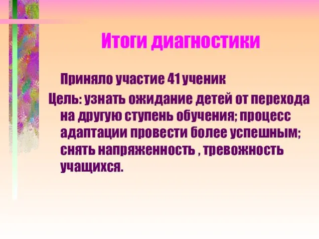 Итоги диагностики Приняло участие 41 ученик Цель: узнать ожидание детей от перехода