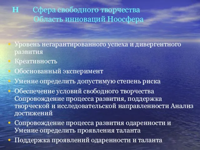 Н Сфера свободного творчества Область инноваций Ноосфера Уровень негарантированного успеха и дивергентного