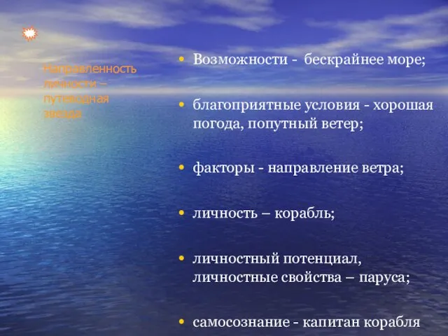 Направленность личности – путеводная звезда Возможности - бескрайнее море; благоприятные условия -