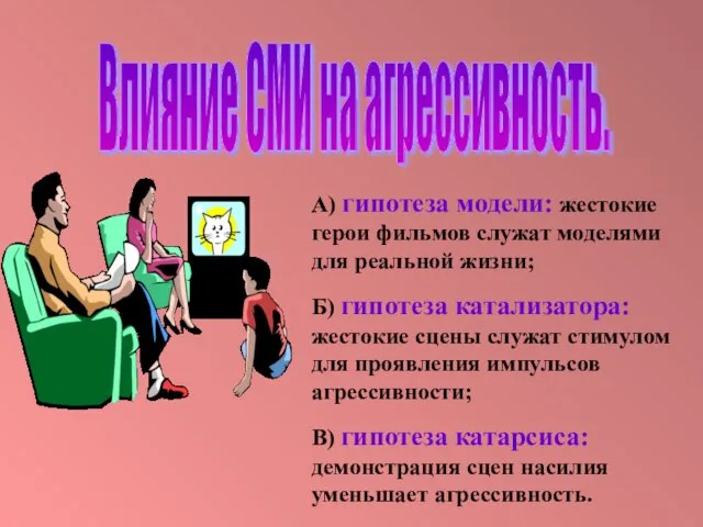 А) гипотеза модели: жестокие герои фильмов служат моделями для реальной жизни; Б)