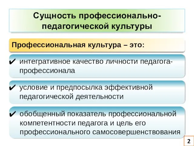 2 Сущность профессионально-педагогической культуры Профессиональная культура – это: интегративное качество личности педагога-профессионала