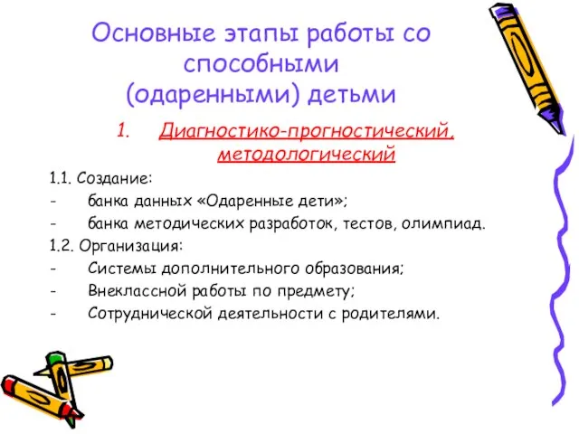 Основные этапы работы со способными (одаренными) детьми Диагностико-прогностический, методологический 1.1. Создание: банка