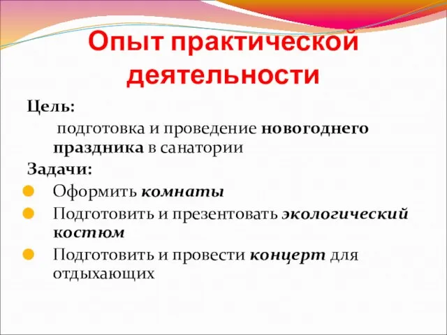 Опыт практической деятельности Цель: подготовка и проведение новогоднего праздника в санатории Задачи: