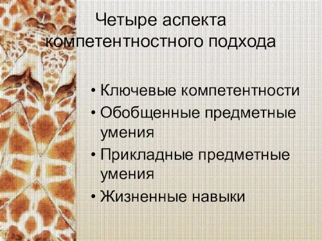 Четыре аспекта компетентностного подхода Ключевые компетентности Обобщенные предметные умения Прикладные предметные умения Жизненные навыки