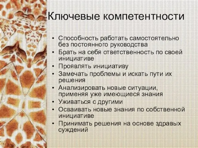 Ключевые компетентности Способность работать самостоятельно без постоянного руководства Брать на себя ответственность