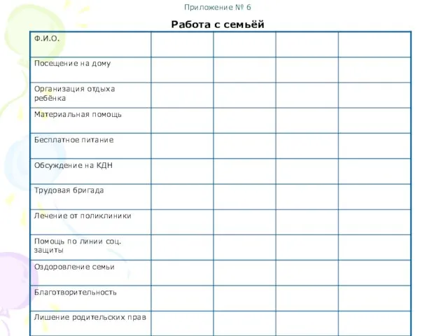 Приложение № 6 Работа с семьёй