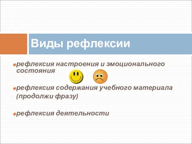 рефлексия настроения и эмоционального состояния рефлексия содержания учебного материала (продолжи фразу) рефлексия деятельности Виды рефлексии