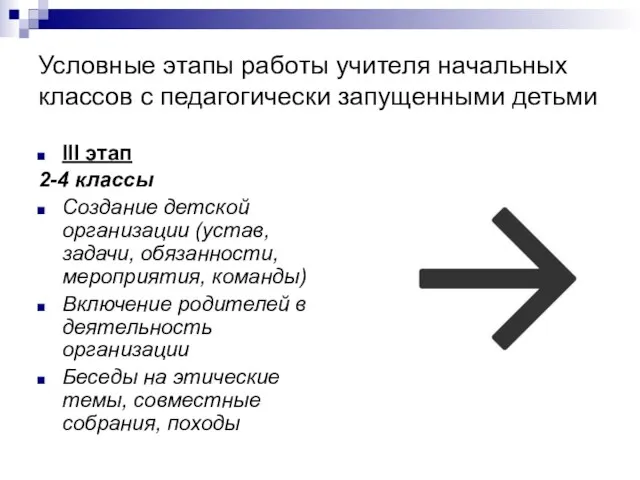 Условные этапы работы учителя начальных классов с педагогически запущенными детьми III этап