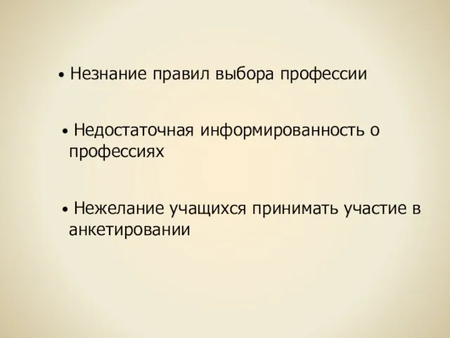 Незнание правил выбора профессии Недостаточная информированность о профессиях Нежелание учащихся принимать участие в анкетировании