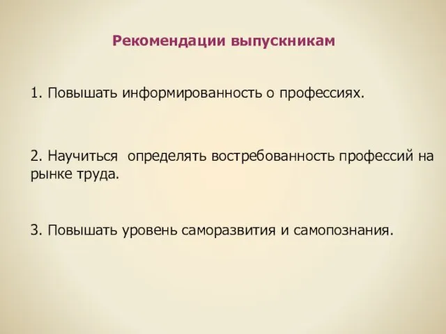 Рекомендации выпускникам 1. Повышать информированность о профессиях. 2. Научиться определять востребованность профессий