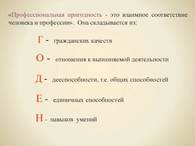 «Профессиональная пригодность - это взаимное соответствие человека и профессии». Она складывается из: