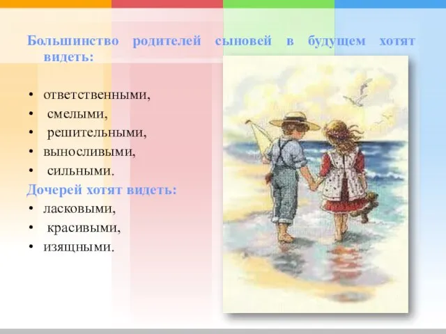 Большинство родителей сыновей в будущем хотят видеть: ответственными, смелыми, решительными, выносливыми, сильными.