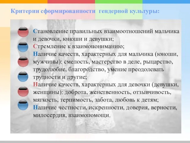 Становление правильных взаимоотношений мальчика и девочки, юноши и девушки; Стремление к взаимопониманию;