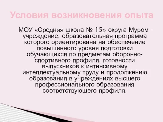 МОУ «Средняя школа № 15» округа Муром - учреждение, образовательная программа которого