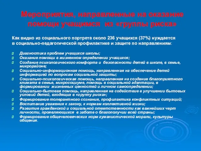 Мероприятия, направленные на оказание помощи учащимся из «группы риска» Как видно из