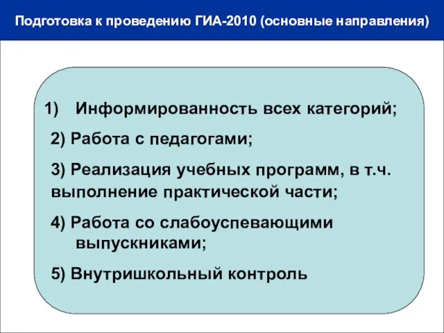 Подготовка к проведению ГИА-2010 (основные направления) Информированность всех категорий; 2) Работа с