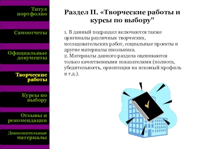 Титул портфолио Самоотчеты Официальные документы Творческие работы Курсы по выбору Отзывы и