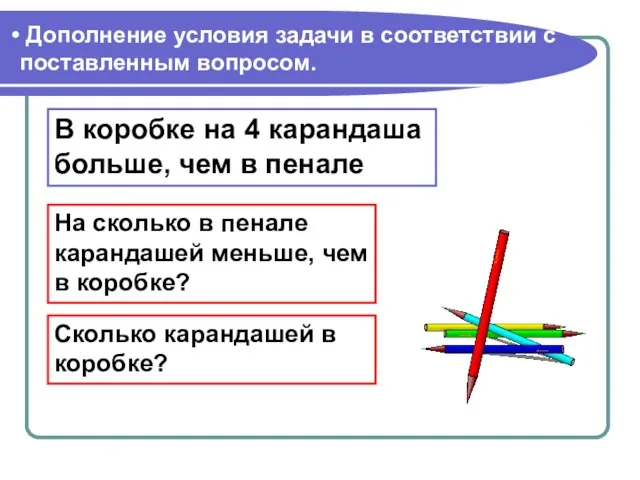 Дополнение условия задачи в соответствии с поставленным вопросом. В коробке на 4