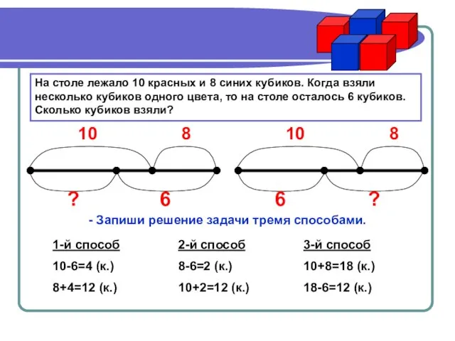 На столе лежало 10 красных и 8 синих кубиков. Когда взяли несколько