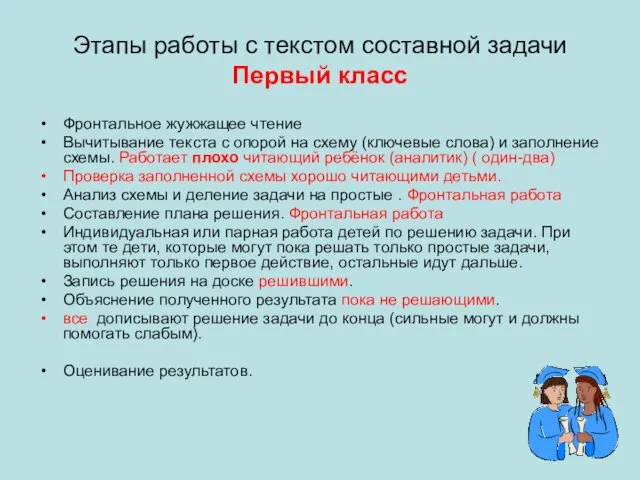 Этапы работы с текстом составной задачи Первый класс Фронтальное жужжащее чтение Вычитывание