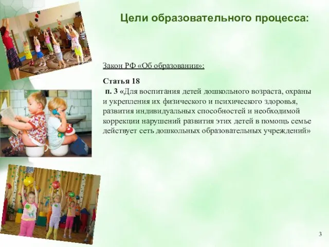 Цели образовательного процесса: Закон РФ «Об образовании»: Статья 18 п. 3 «Для