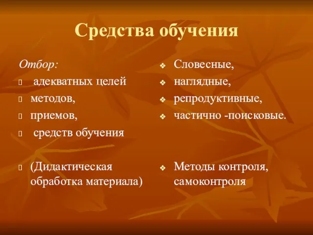 Средства обучения Отбор: адекватных целей методов, приемов, средств обучения (Дидактическая обработка материала)